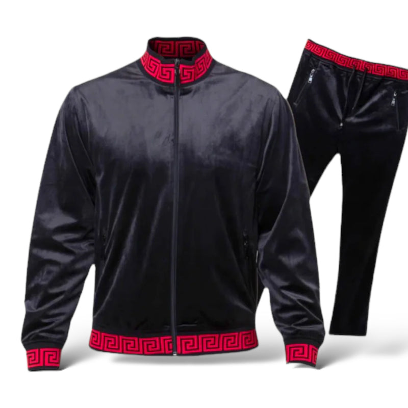 Prestige Greek Key Velour Jogger Set (Black/Red)