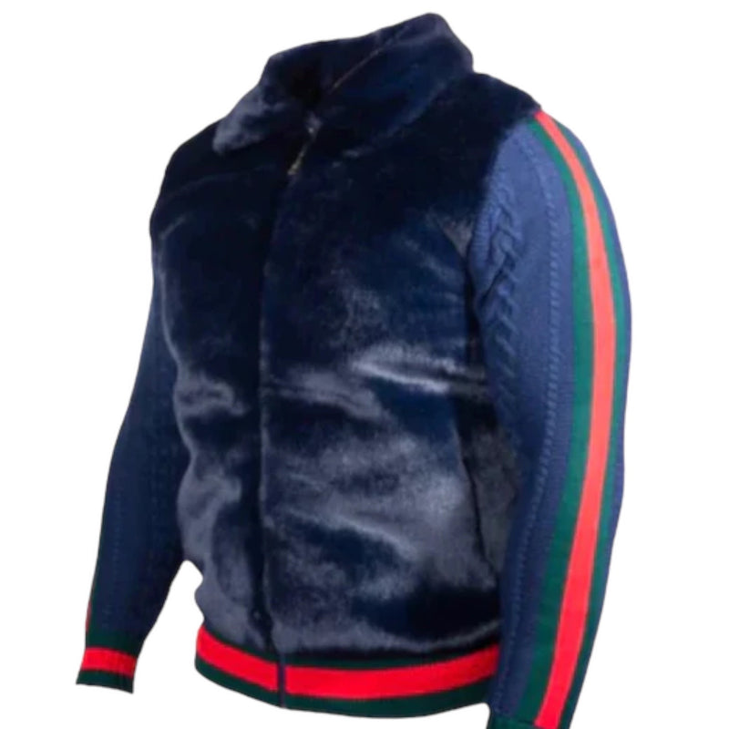 Prestige Fur Bomber Sweater Jacket (Navy/Red/Green) 175