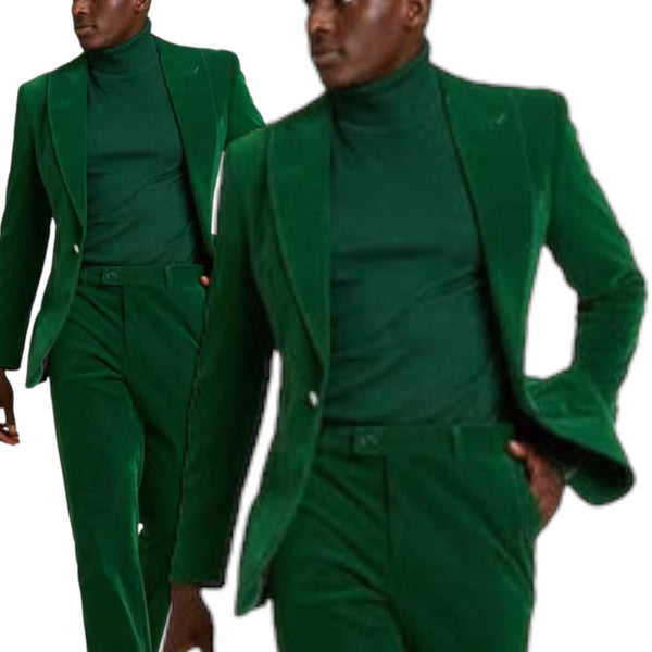 Inserch Single Breasted Peak Lapel Velvet Blazer (Green) 201