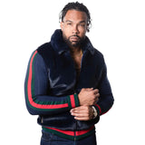 Prestige Fur Bomber Sweater Jacket (Navy/Red/Green) 175