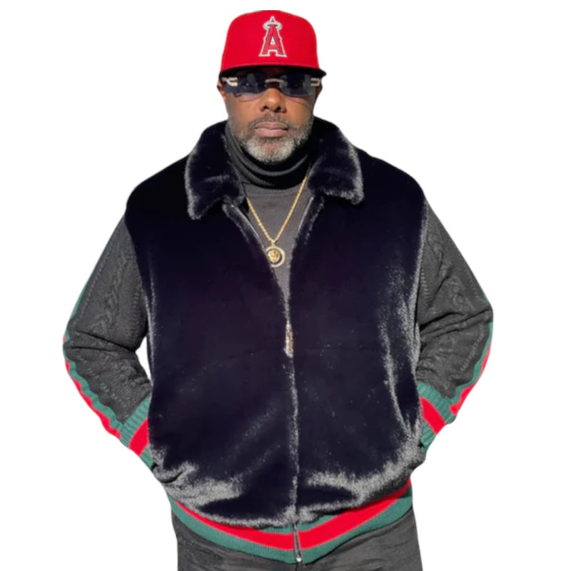 Prestige Fur Bomber Sweater Jacket (Black/Red/Green) 175