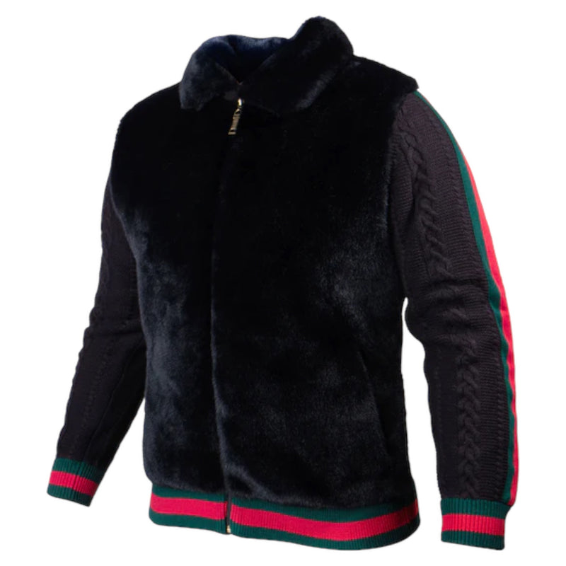 Prestige Fur Bomber Sweater Jacket (Black/Red/Green) 175