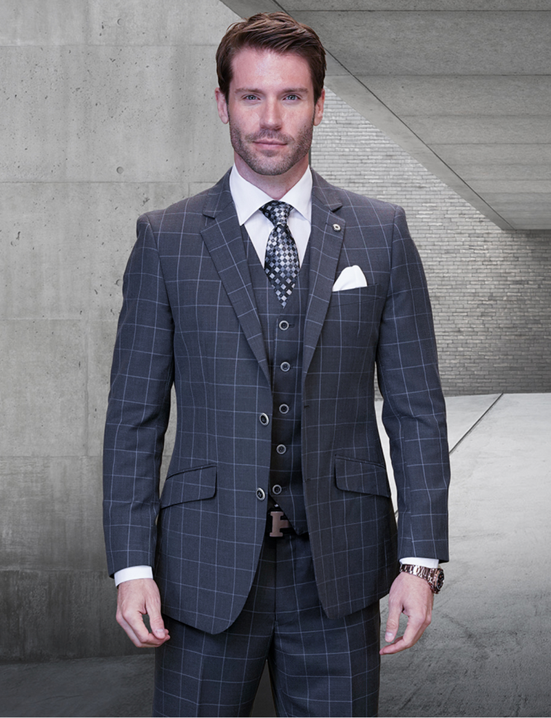 Calina 3pc Windowpane Wool Suit (Charcoal)