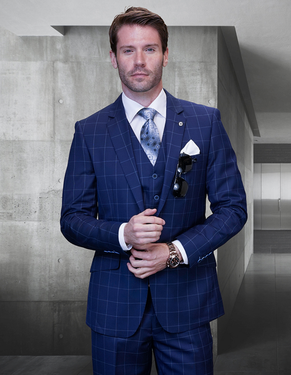 Calina 3pc Windowpane Wool Suit (Navy)