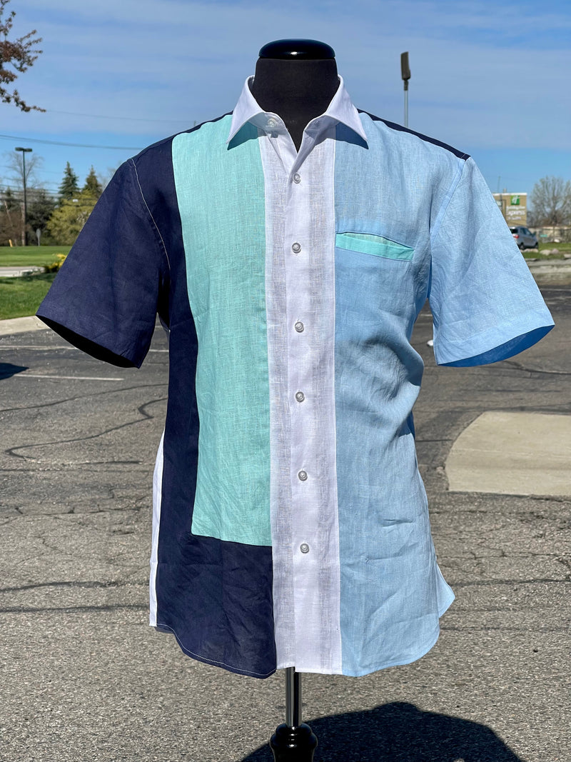 Lanzino Linen Shirt (White/Blue/Teal)