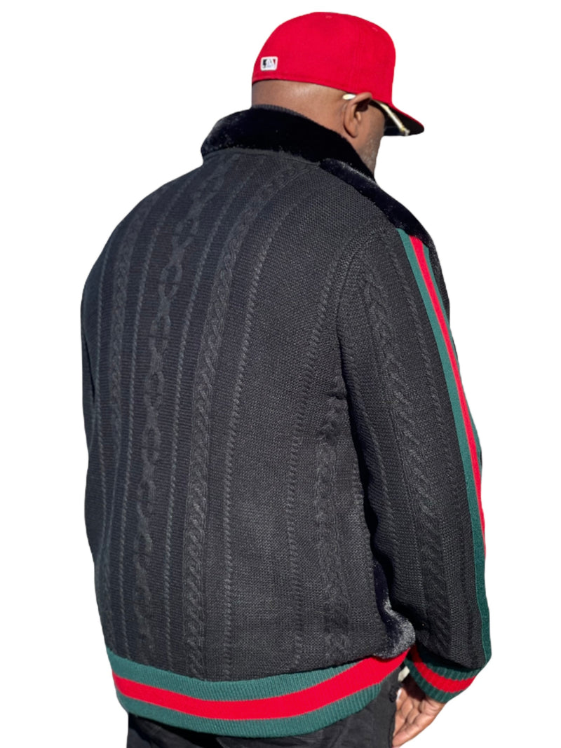 Prestige Fur Bomber Sweater Jacket (Black/Red/Green) 175