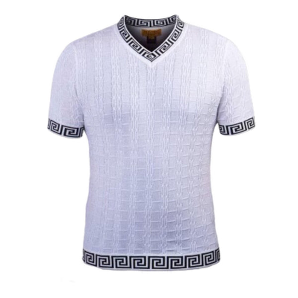 Prestige Luxury "Greek Key" V-Neck Knit (White/Black) 132