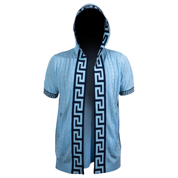 Prestige Greek Key 3/4 Length Knit Hoodie (Sky) 121