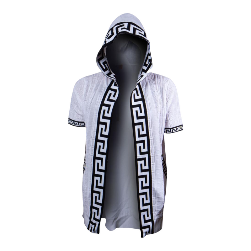 Prestige Greek Key 3/4 Length Knit Hoodie (White) 121